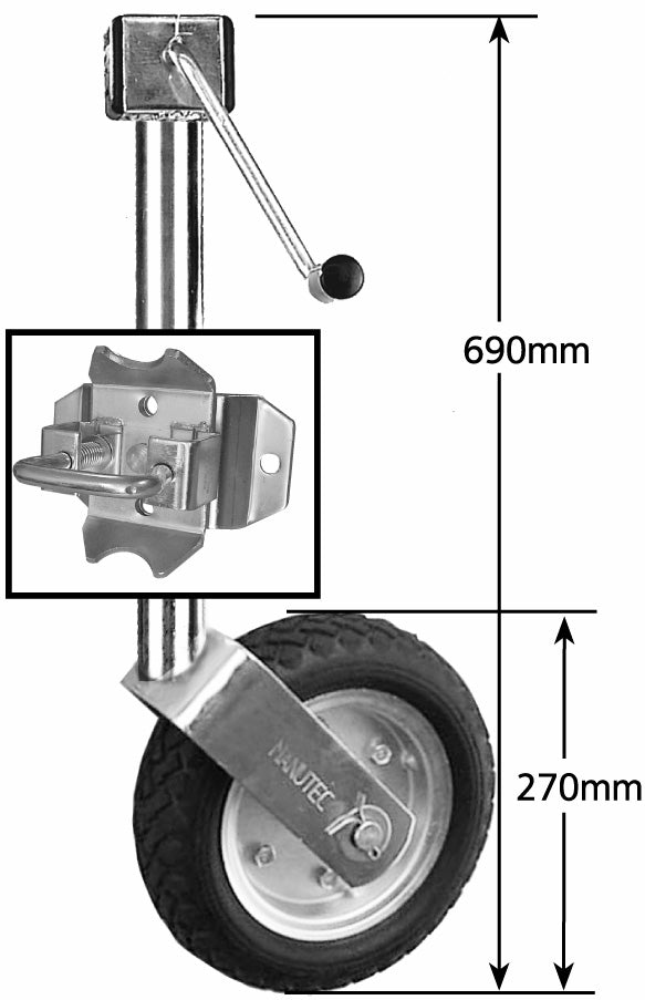 10" SOLID PNUEMATIC JOCKEY WHEEL SIDE WIND - WITH HEAVYDUTY LOOSE SWING UP BKT